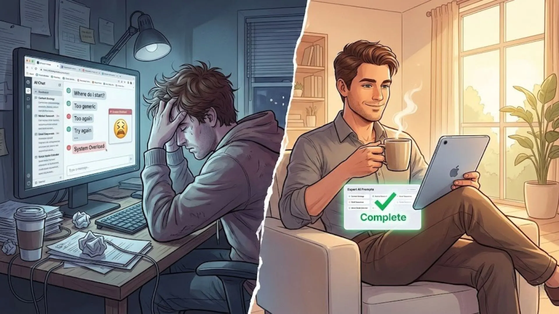 Comparison of a stressed DIY user and a relaxed business owner using Expert AI Prompts.