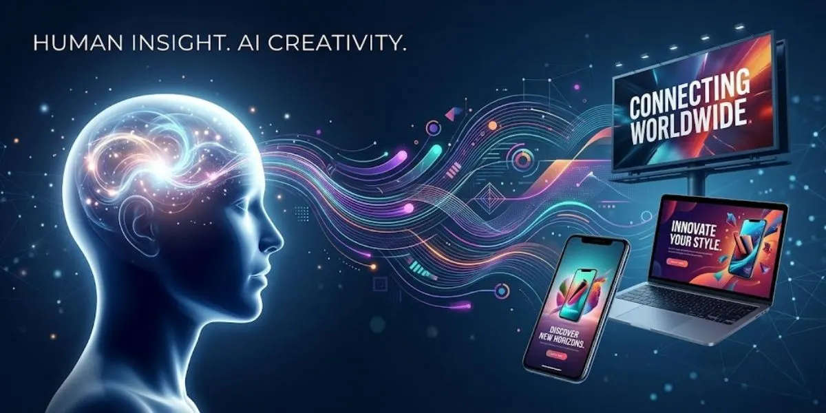 A graphic representing the future of AI creative advertising, where human ideas guide generative AI to create compelling ads.