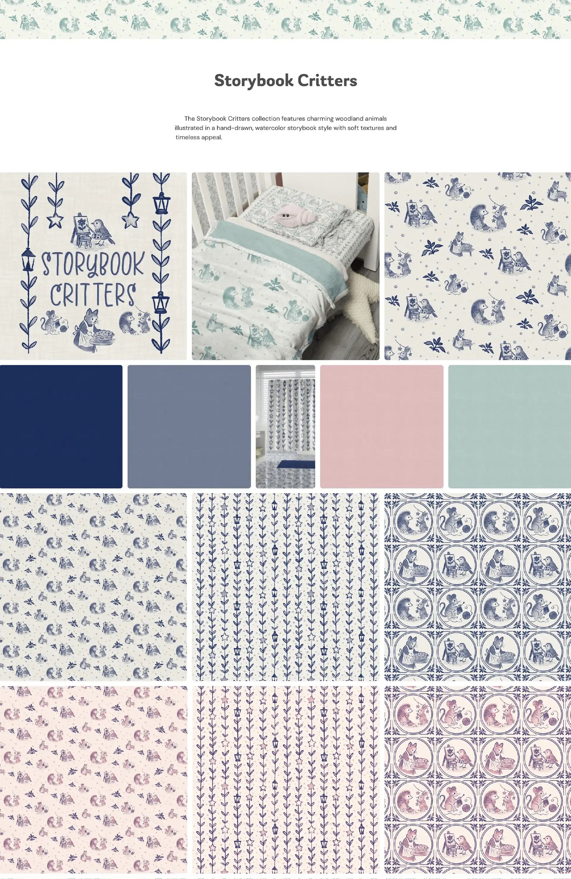 Storybook Critters surface pattern collection featuring whimsical animals and vintage blue and white coordinating prints