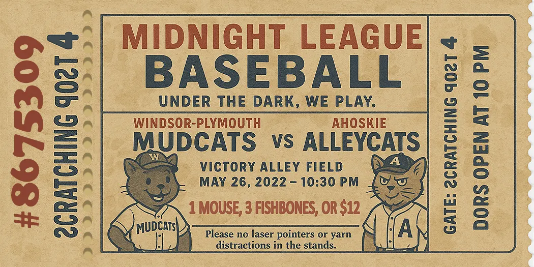 Souvenir ticket for fictional Windsor-Plymouth Mudcats & Ahoskie Allecats