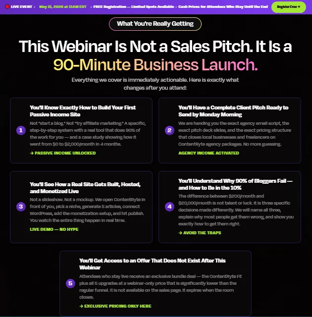 contentryte-multi-site-wordpress-dashboard-traffic-scale-3-Free Live Masterclass-What You are Really Getting-This Webinar Is Not a Sales Pitch-It Is a 90-Minute Business Launch