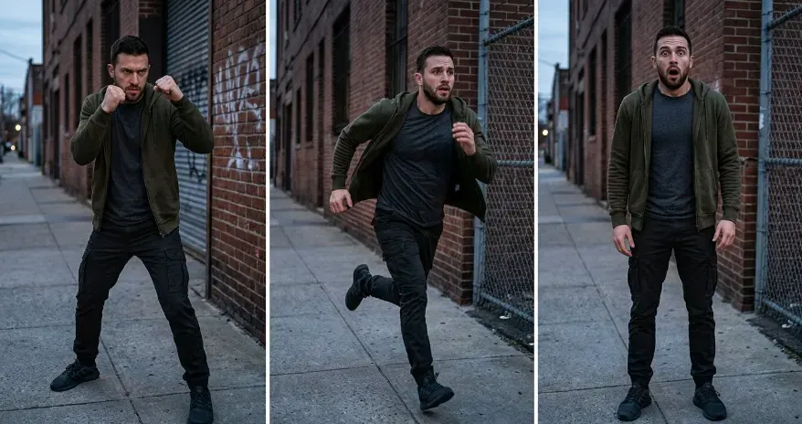 3 split image of a man in the fight, flight, and freeze positions