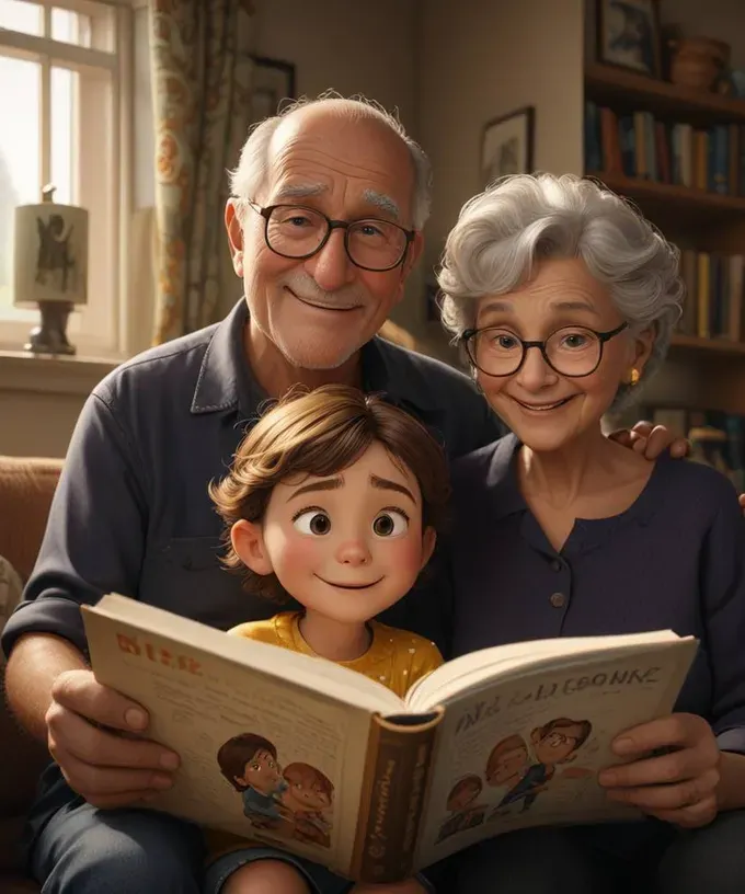 Grandparents lovingly reading a bedtime story to their grandchild, sharing a quiet bonding moment.