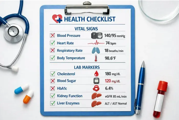 Clean conceptual image of a health checklist with vital signs and lab markers