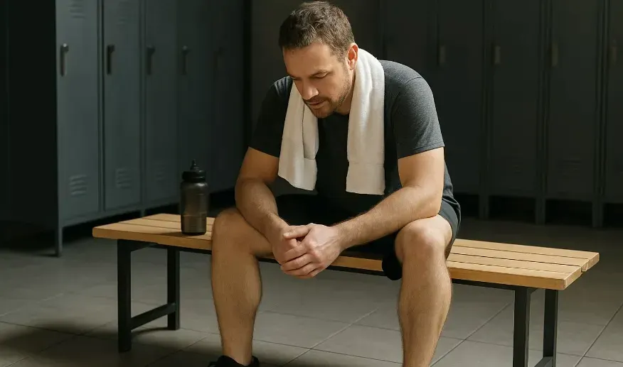 a mid-30s man in athletic wear sitting on a bench, water bottle beside him, towel over shoulders, staring at the floor