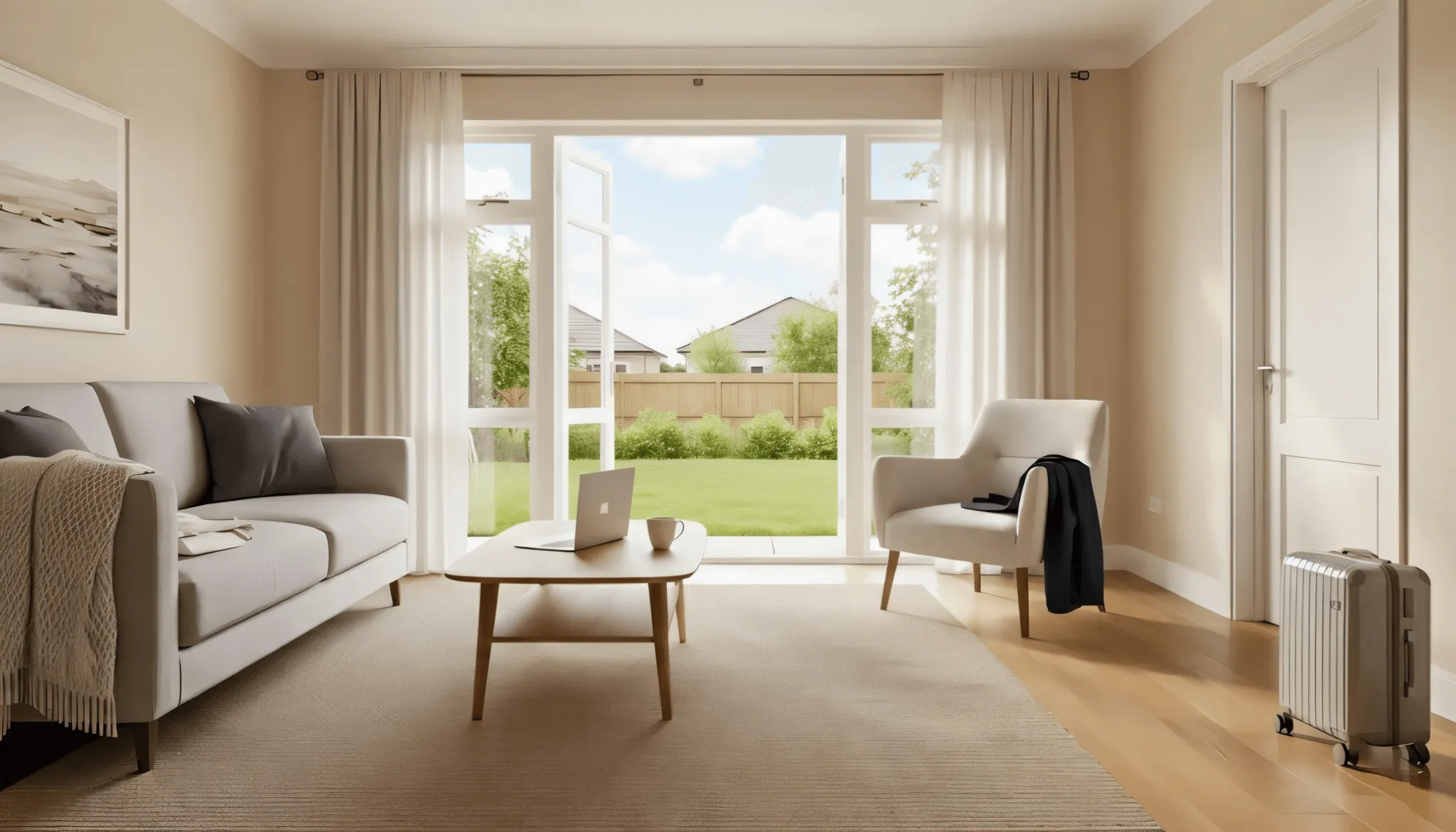 <alt=“Modern corporate housing living room with furnished workspace and travel suitcase representing employee relocation housing.”>