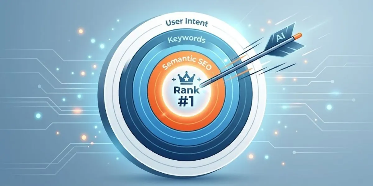 A graphic of an AI-powered arrow hitting the bullseye on a target, symbolizing how to use the best AI writer for SEO to create content that ranks.