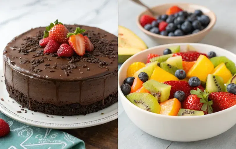 a split image of one chocolate cake next to one bowl of fruit salad