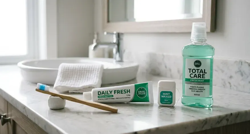 Dental hygiene tools arranged neatly: toothbrush, floss, toothpaste, mouthwash.