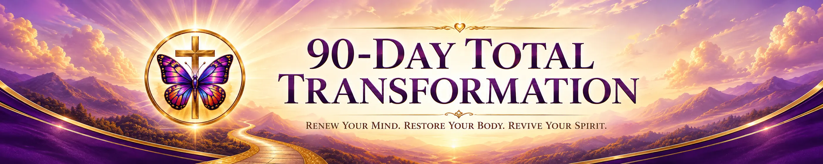 Wide faith-centered banner for the 90-Day Total Transformation program set against a luminous sunrise landscape in soft gold, lavender, and purple. Large elegant purple lettering across the center reads “90-Day Total Transformation.” Beneath it, the program’s three-part message reads: “Renew Your Mind. Restore Your Body. Revive Your Spirit.”  On the left, a radiant gold Christian cross rises behind a vivid purple, violet, orange, and gold butterfly, both enclosed within a glowing circular emblem. The butterfly and cross symbolize transformation grounded in Christian faith. Rays of golden light spread outward from the emblem and across the sky.  Below the title, a winding golden road travels through purple mountain valleys toward a brilliant sunrise on the horizon, visually representing a guided journey of growth, restoration, renewed purpose, and forward progress. Flowing purple-and-gold accents frame the lower corners, giving the banner a polished, uplifting appearance. Overall, the design presents the 90-Day Total Transformation as a faith-centered journey to renew the mind, restore the body, and revive the spirit.