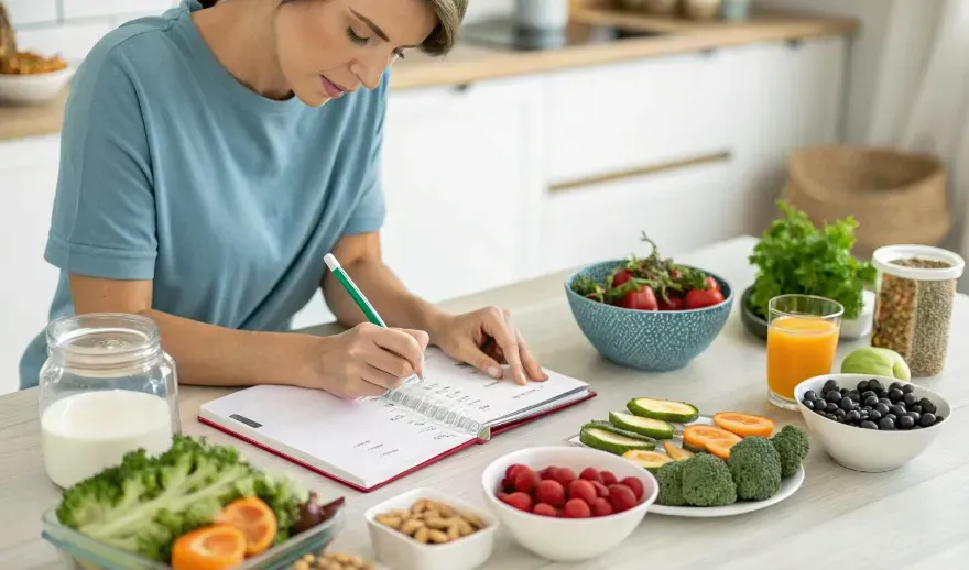 A woman sitting at a kitchen table, jotting down notes in a meal plan journal, with an array of healthy foods spread before them.