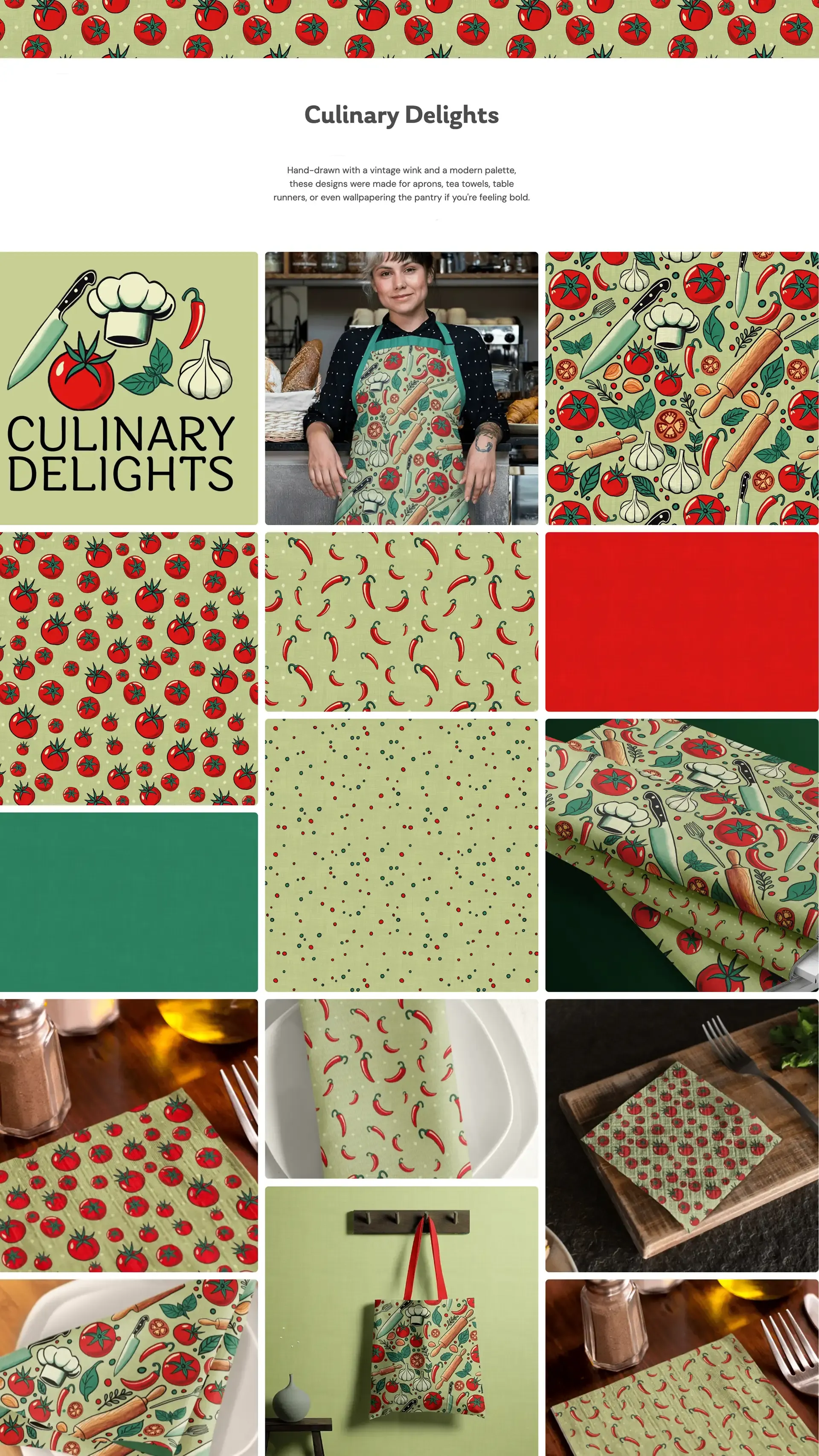 Culinary Delights collection board featuring hand-drawn kitchen-inspired repeat patterns with tomatoes, chili peppers, garlic, chef hats, knives, rolling pins, and herbs in vintage red, sage green, cream, and deep green, with the collection logo, apron mockup, fabric mockup, napkin and tote bag styling, and coordinating prints and solids.