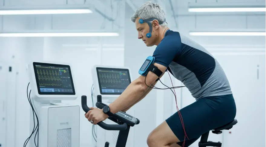 Person doing endurance exercise on a stationary bike in a lab setting to stimulate AMPK activation