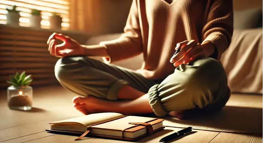 A close-up shot of a person meditating with a journal beside them, reflecting a mindful lifestyle