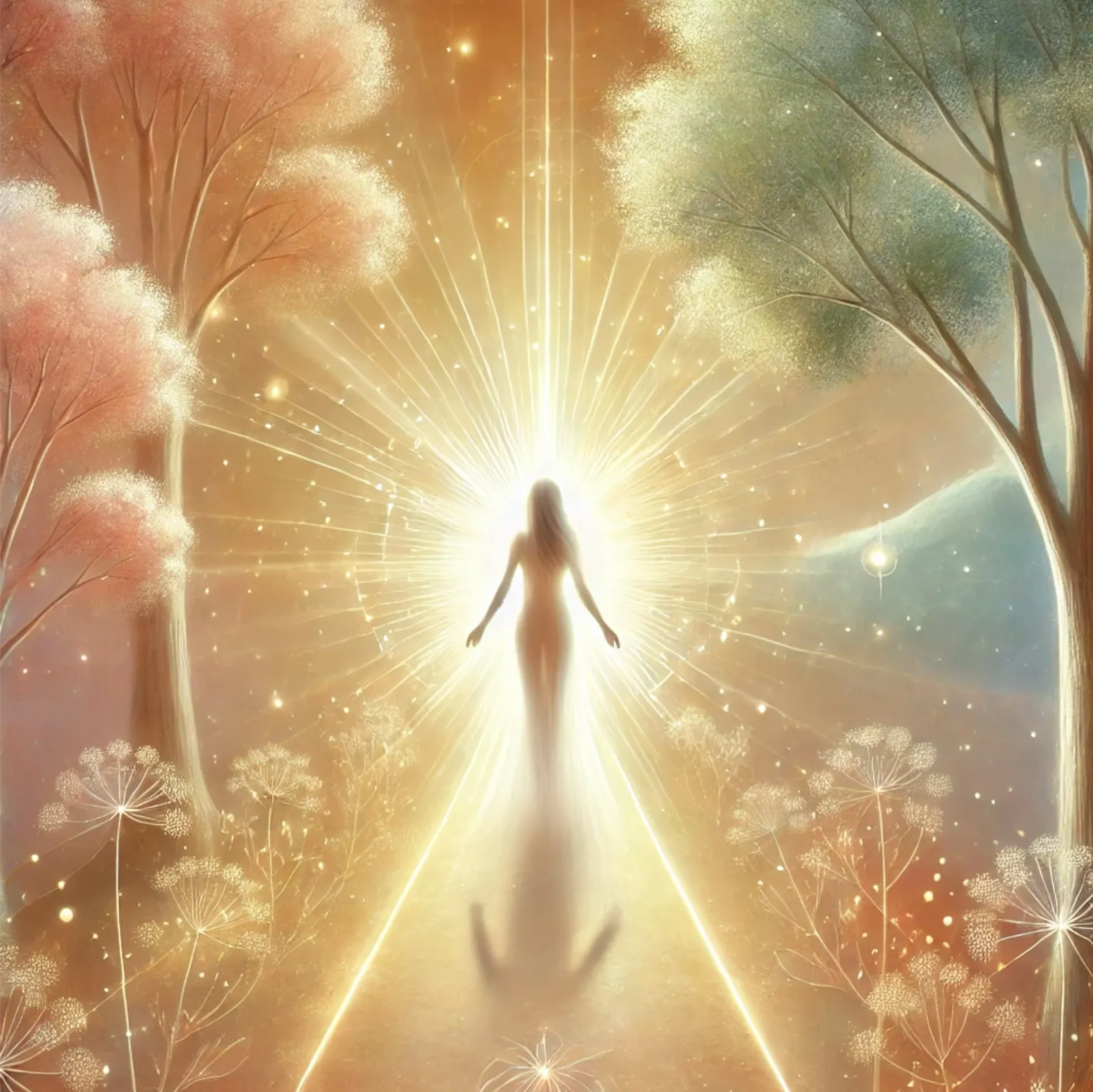 A figure walking on a path surrounded by light, symbolizing spiritual growth and alignment with the universe through surrender.