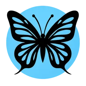 Simple butterfly logo with black wings accented by light blue details, centered inside a soft blue circle. The clean, modern design symbolizes transformation, growth, renewal, balance, and wellness.