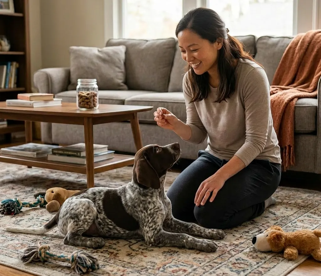 Owner rewarding dog with a treat in a living room during positive reinforcement training session at home