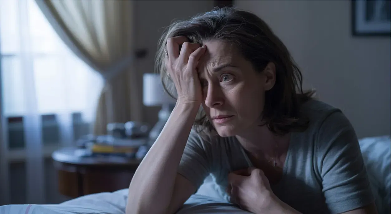 A woman in her 40s showing signs of anxiety—clutching chest, lying awake in bed, and holding her head in frustration.