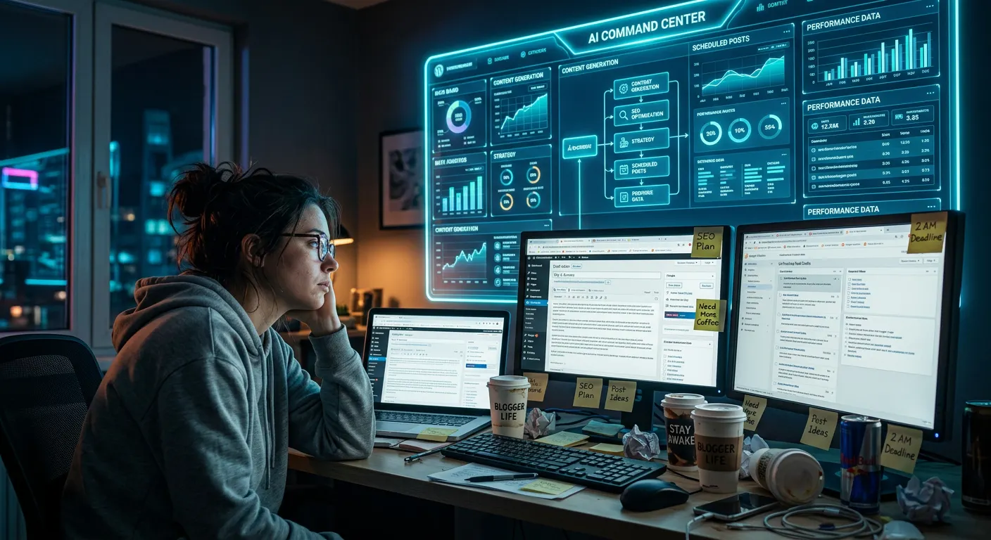 Overwhelmed blogger surrounded by chaotic computer screens and WordPress tabs while AI dashboard brings order to content creation workflow