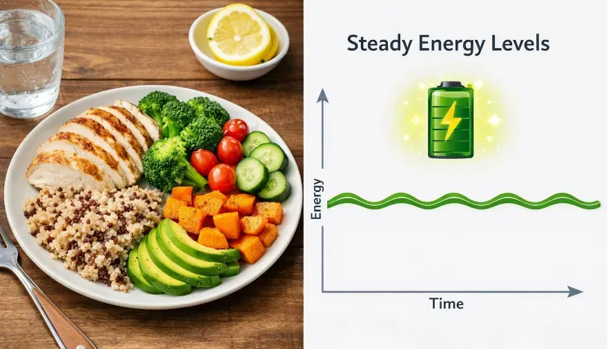 Balanced meal associated with stable daily energy levels.