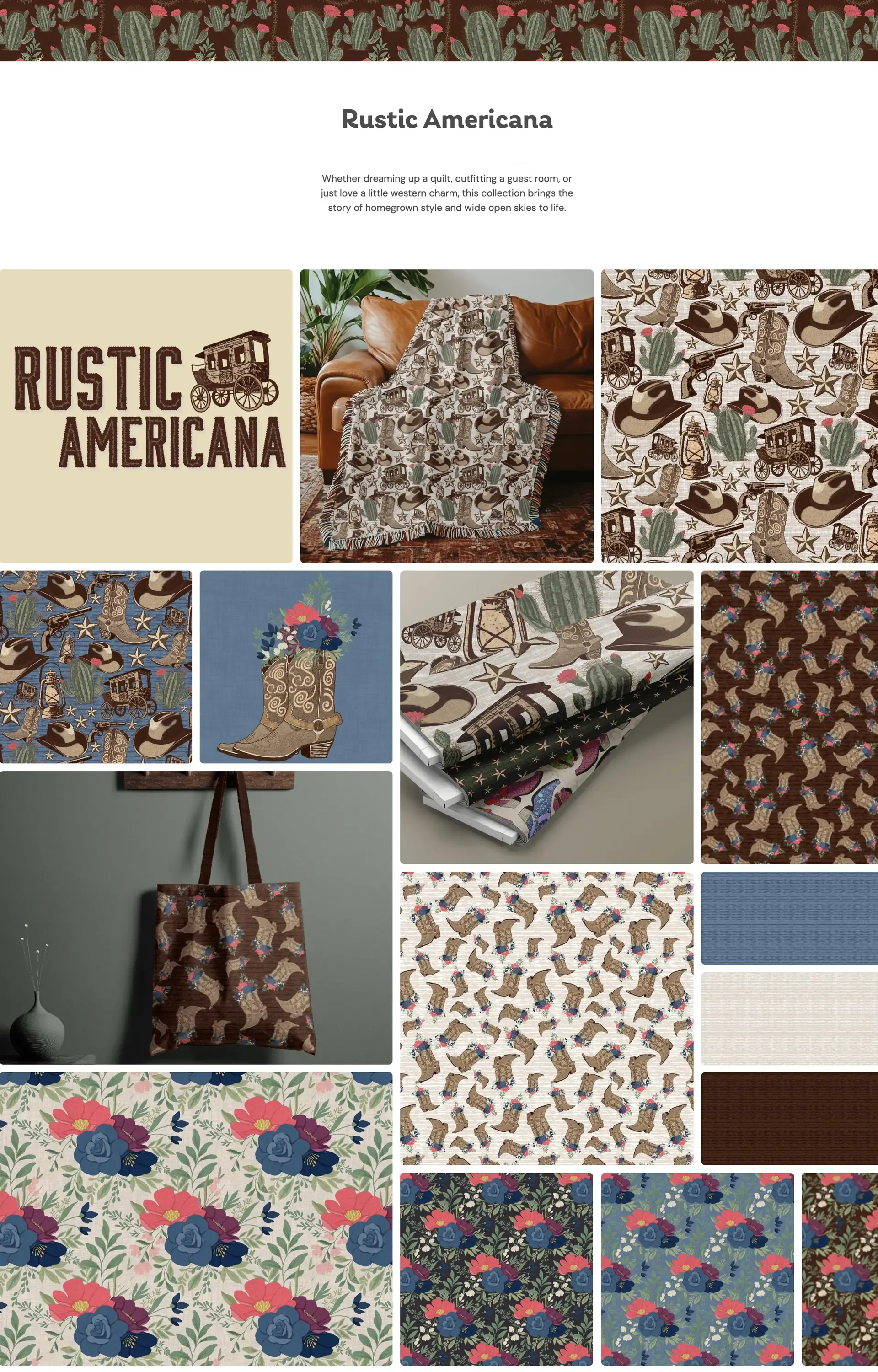 Rustic Americana collection board featuring western-inspired repeat patterns with cowboy hats, boots, cacti, wagons, stars, and bold florals in earthy brown, cream, denim blue, sage, and coral, along with the collection logo, styled throw blanket and tote bag mockups, fabric swatches, and multiple coordinating prints.
