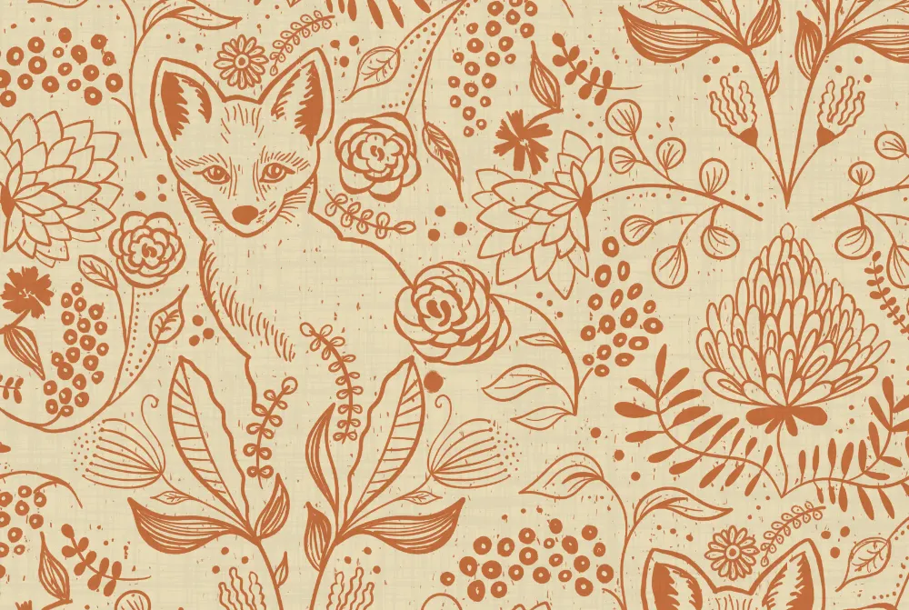 cute fox in line art surrounded by florals