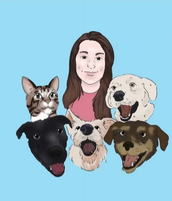 Sara's Waggy Tails logo, a cartoon rendition ofSara and her dogs