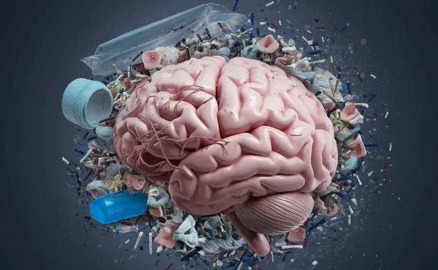 Illustration of a brain surrounded by microplastics representing environmental impact on cognitive health.