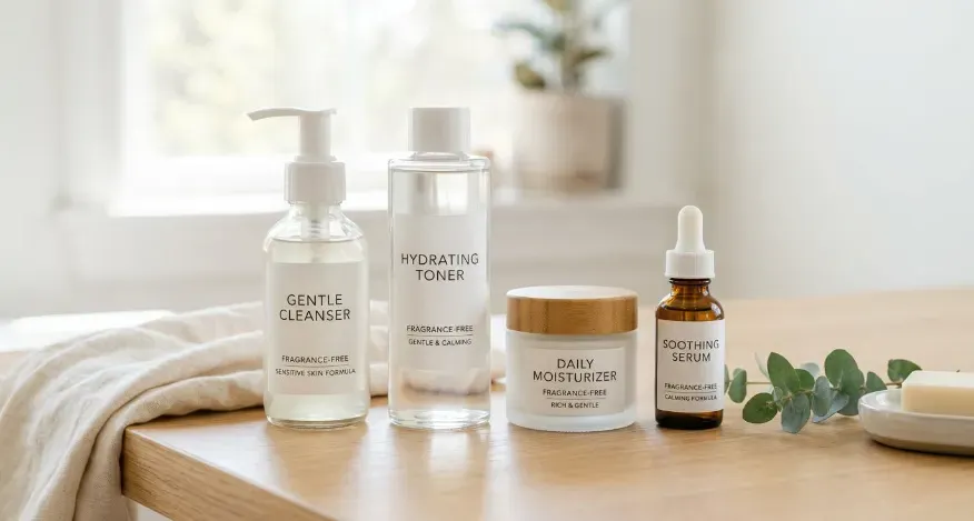 Minimalist skin care products labeled fragrance-free and gentle Fragrance-free skin care products designed for sensitive skin placed on a clean surface.