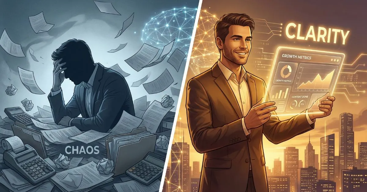 Comparison of stressed business owner vs confident entrepreneur using ai writing tools.