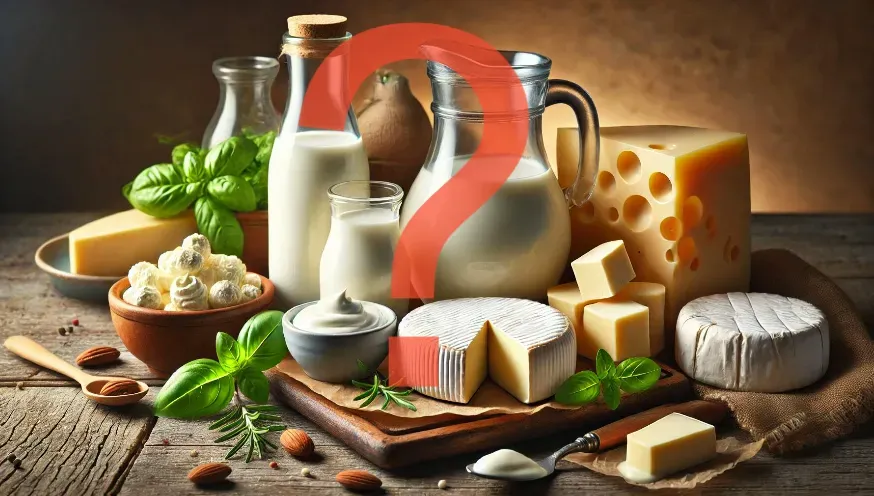 an arrangement of various dairy products on a rustic wooden table. It includes a glass pitcher and bottles filled with milk, blocks and rounds of different cheeses, a bowl with cream, and butter. Overlaid on the image is a large, translucent red question mark, which partially covers the pitcher and some cheese items in the foreground