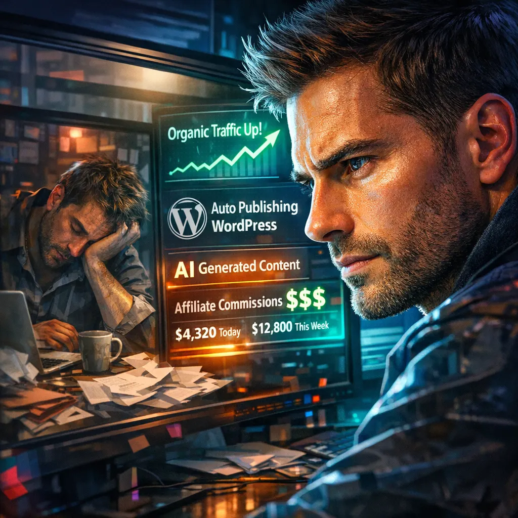 Entrepreneur staring at screens showing rising traffic and commissions while reflected in monitor is their exhausted self drowning in unfinished content work