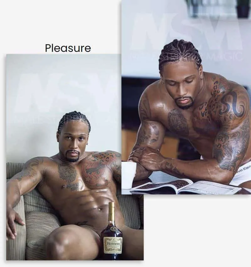 Shirtless male stripper with cornrows, reading a book and Shirtless male stripper with cornrows, holding a bottle of Hennessy on the couch.