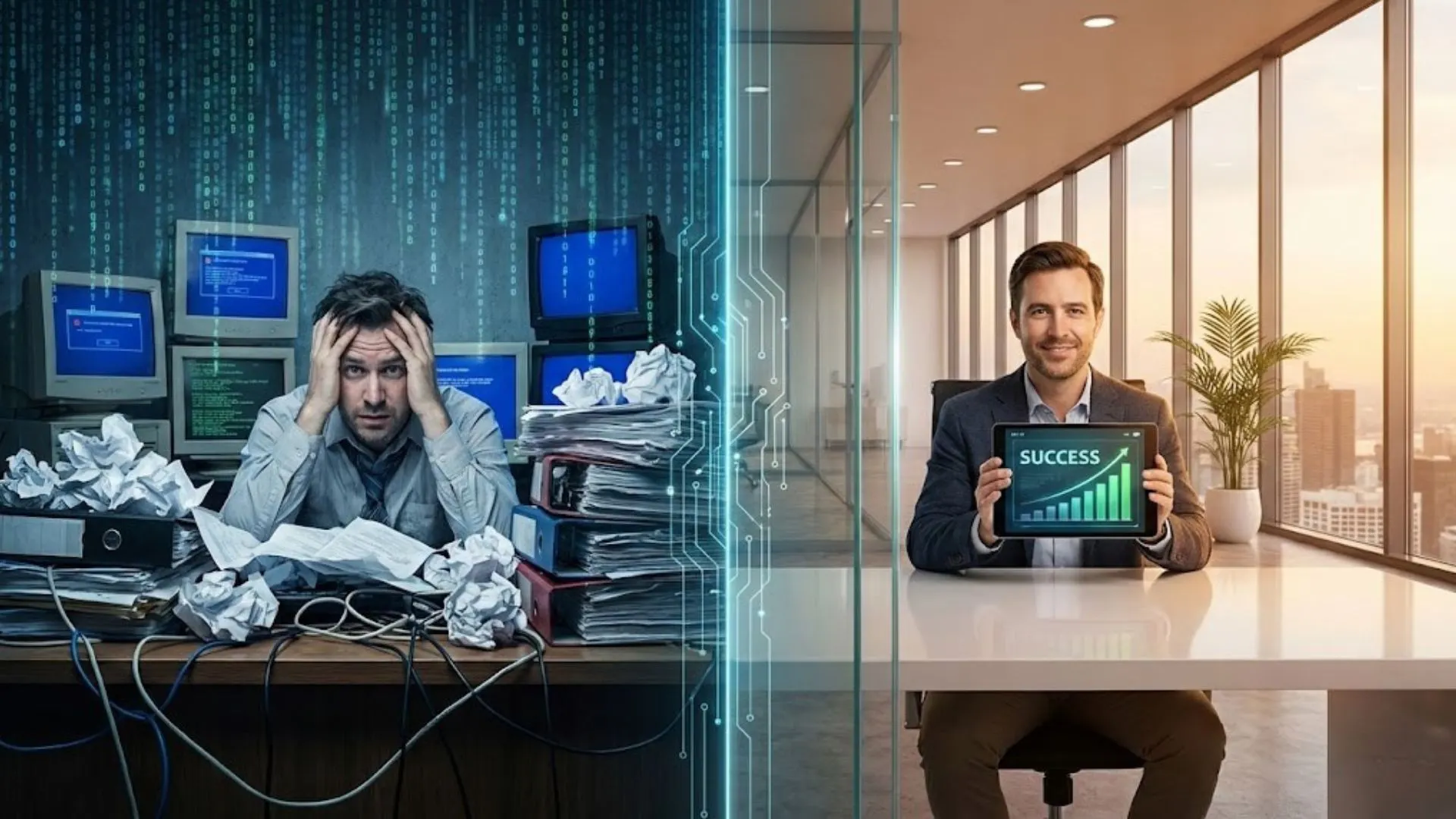 Comparison of a stressed entrepreneur using generic AI prompts versus a calm business owner using the best ai prompts for business.