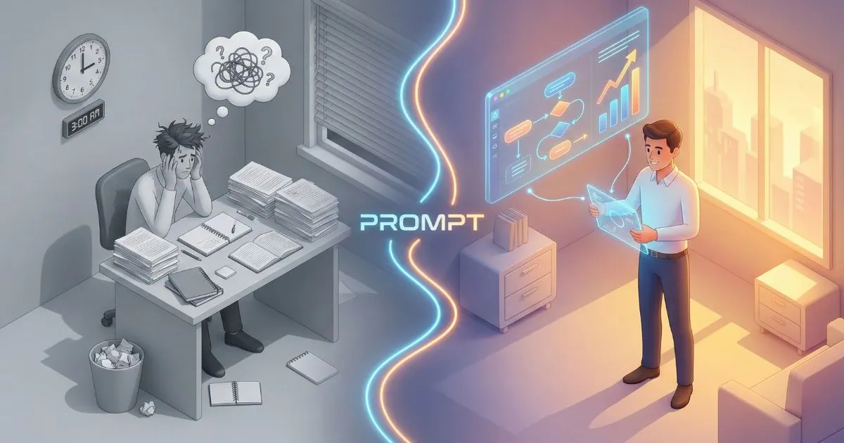 Illustration showing the transition from overworked business owner to streamlined success using prompt engineering.