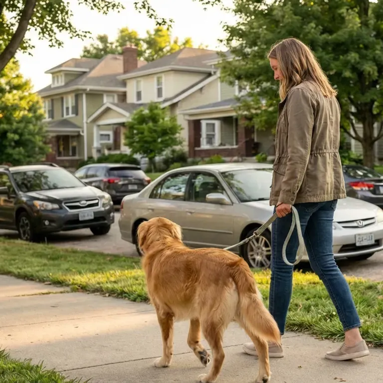 Dog loose leash walking training with owner in a Kansas City neighborhood during in home dog training session