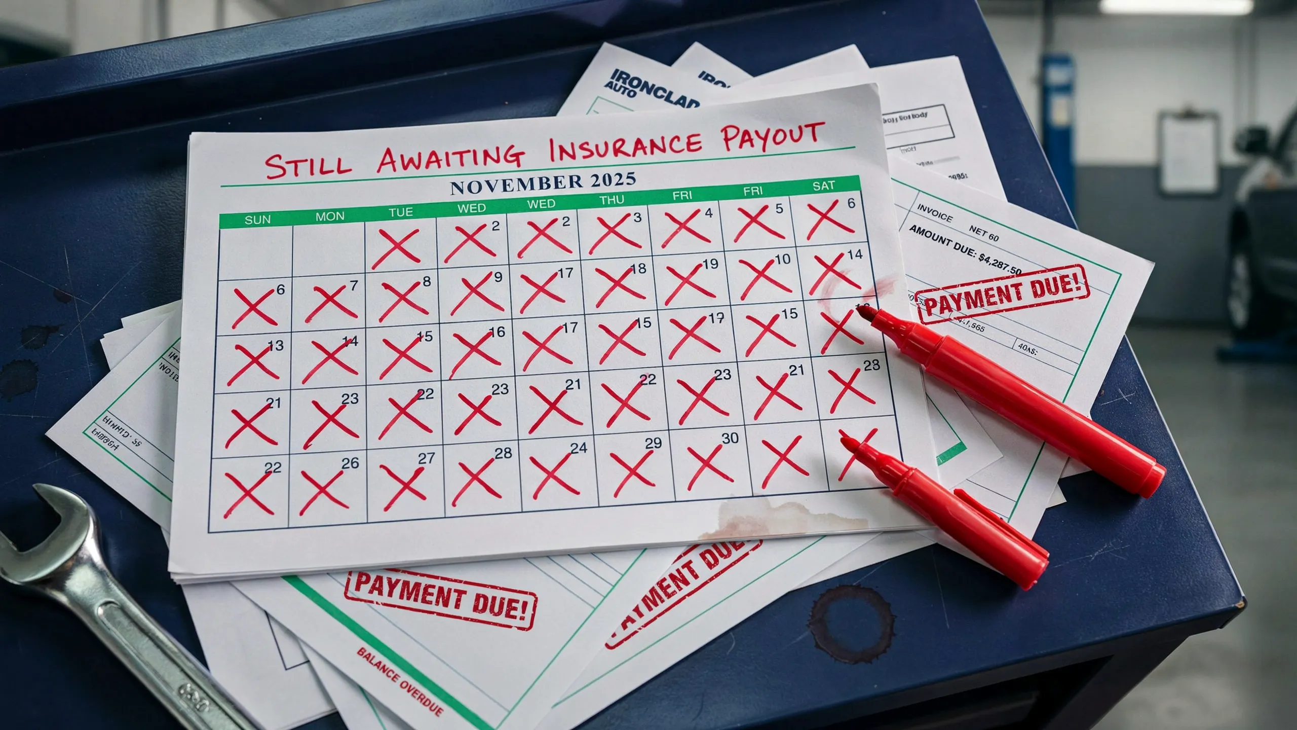 desk with calendar showing insurance delayed payments to auto shop_texas-collision-center-funding-prompt-payment-act