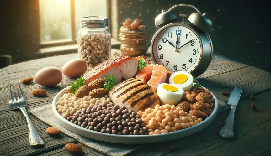 A plate of protein rich foods like salmon, legumes, eggs, and nuts with a clock next to the plate.