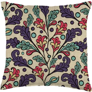 folk floral heritage damask throw pillow in aqua turquoise, red, purple, and yellow