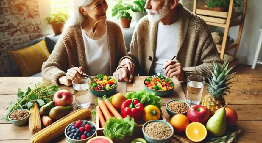 Elderly couple  enjoying a nutritious plant-based meal.