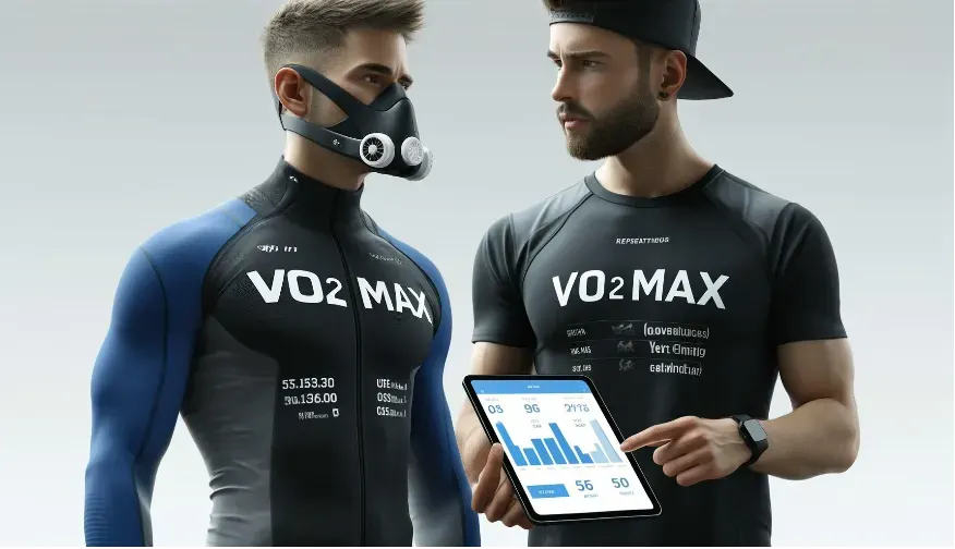 a personal trainer with an ipad talking to his client who is wearing a VO2 max tester.