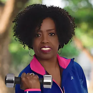 Portrait of Coach Judy Handwerker, Certified Wellness Coach, holding a dumbbell in a strength-training pose outdoors. She is wearing a blue athletic jacket with bright pink accents and hoop earrings, standing against a softly blurred green background with natural sunlight filtering through trees. Her confident expression and fitness-focused stance convey strength, healthy aging, resilience, and an active lifestyle. The image represents wellness coaching, physical fitness, and empowering women to build energy, mobility, and vitality through sustainable healthy habits.