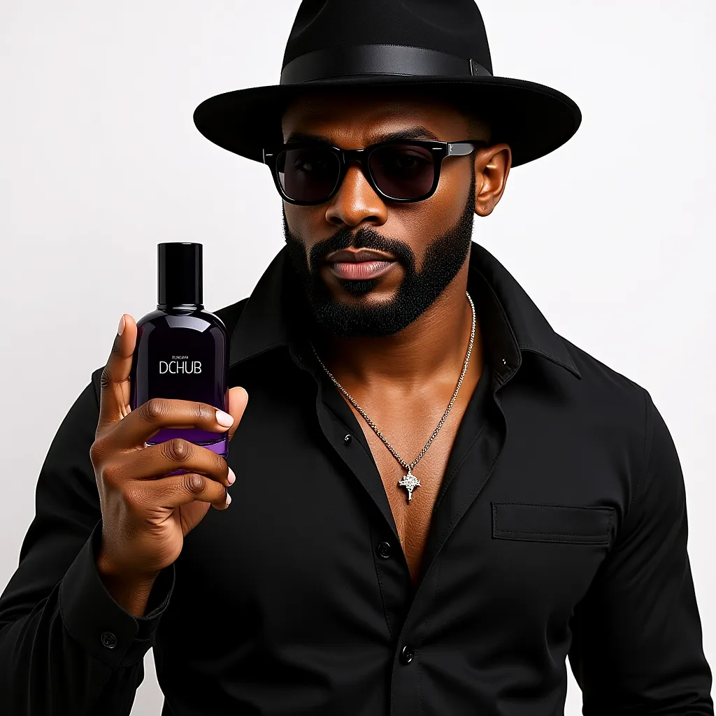 Black male wearing a hat and sunglasses holding a bottle of cologne