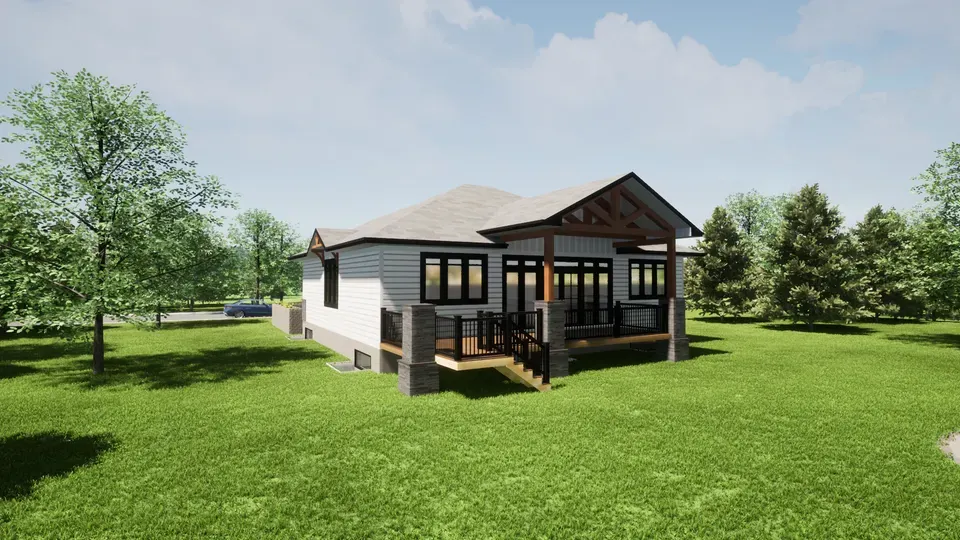 Contemporary white house with black window frames, a gabled roof, and a covered front porch supported by stone and wooden beams, situated on a lush green lawn with surrounding trees.