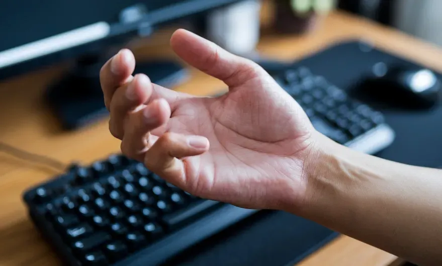 A person holding their hand, appearing to relieve a muscle cramp. Background shows a desk setup with a keyboard, symbolizing cramps due to typing