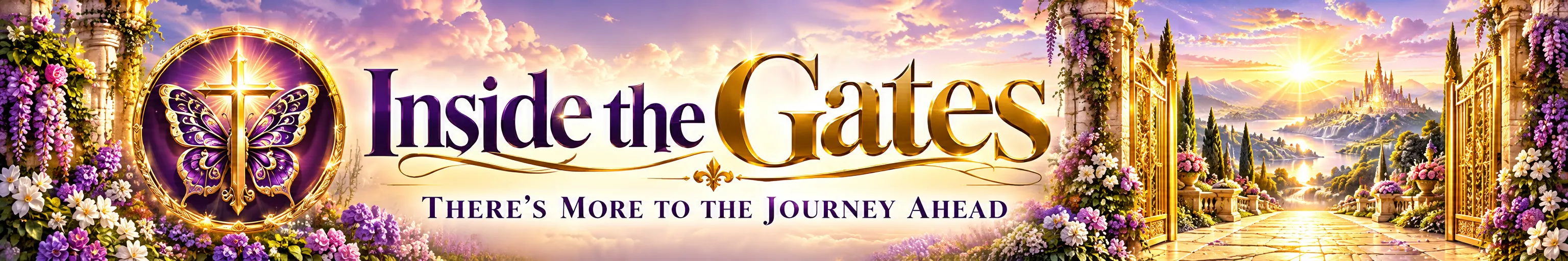 Wide, elegant Christian transformation banner titled “Inside the Gates” in large purple-and-gold lettering, followed by the message “There’s More to the Journey Ahead.” The design evokes an invitation to continue a faith-centered journey of transformation, hope, and purpose. On the left, a radiant circular purple-and-gold emblem features a glowing Christian cross layered over an ornate purple butterfly, symbolizing faith and transformation. Abundant purple, pink, and white flowers surround the emblem and climb decorative stone columns. On the right, magnificent open golden gates frame a luminous stone pathway leading through lush flower gardens and tall cypress trees toward a distant, glowing castle in the mountains. A brilliant sunrise fills the horizon with warm gold light beneath dramatic pink, lavender, and peach clouds, creating a sense of promise and a destination still ahead. The panoramic composition uses rich purple, gold, and floral details to convey beauty, anticipation, spiritual growth, and forward movement, visually reinforcing the message that the transformation journey continues “inside the gates.”