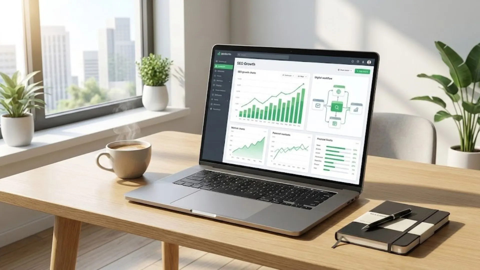 A clean modern desk with a laptop displaying SEO growth charts and workflow tools.