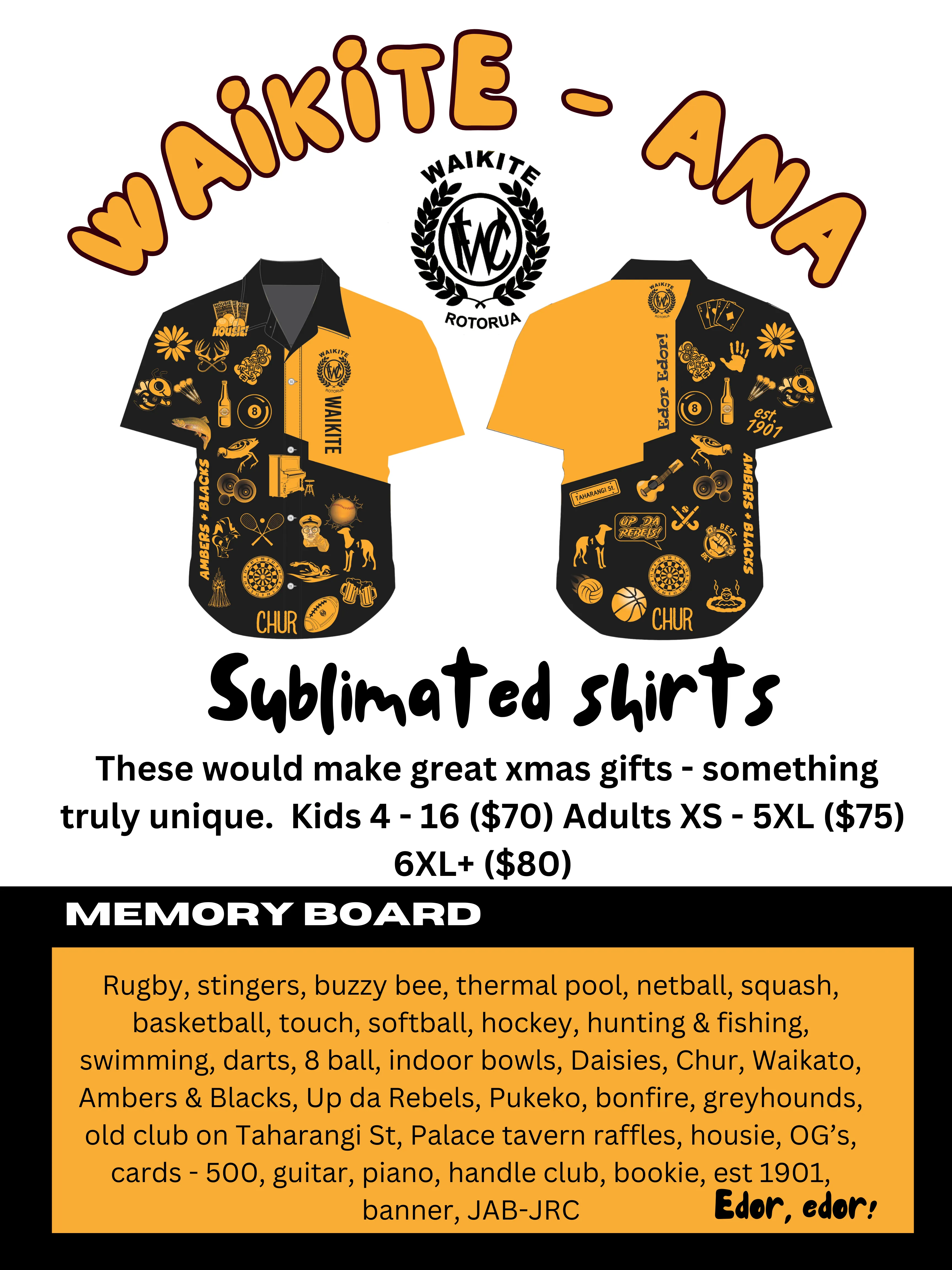 Promotional image for Waikite sublimated shirts featuring a black and orange design with various symbols representing New Zealand culture, including rugby, thermal pools, and traditional icons. The shirts are available in kids' sizes (4-16) for $70, adult sizes (XS-5XL) for $75, and sizes 6XL+ for $80. The Waikite Rugby Club logo from Rotorua is centered between the two shirt designs. Below, a 