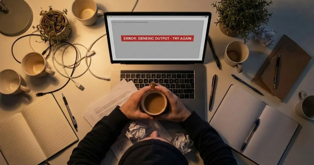 Stressed small business owner struggling with generic AI outputs on a laptop.