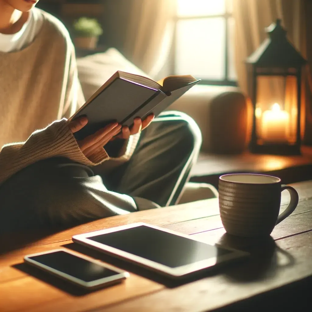 Woman reading a book, with a digital notebook and phone on the table